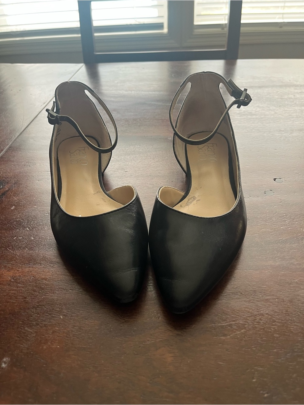 Franco Sarto Black Pointed-Toe Ankle-Strap Heels